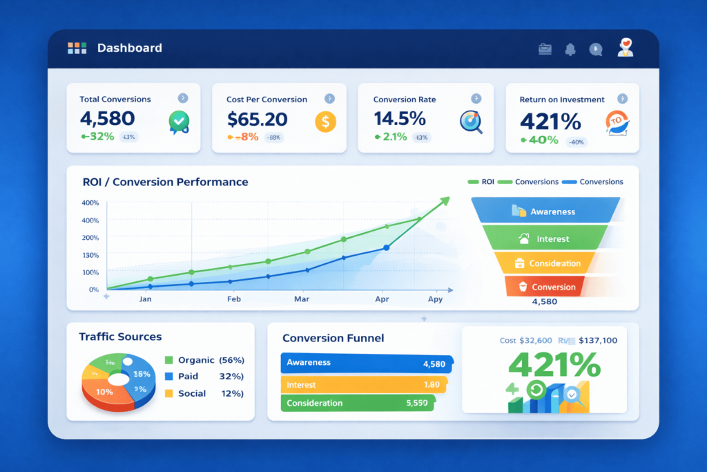 A modern, clean dashboard interface showing clear ROIConversion metrics.