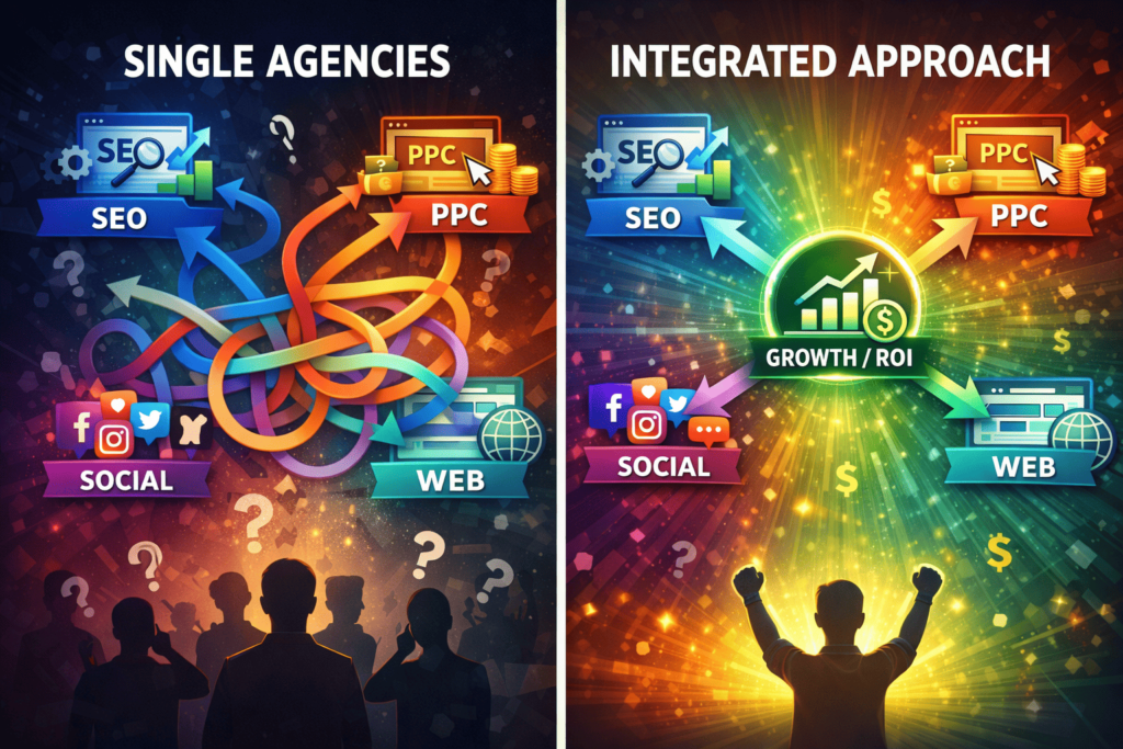Comparison chart explaining why integrated web marketing beats siloed marketing efforts